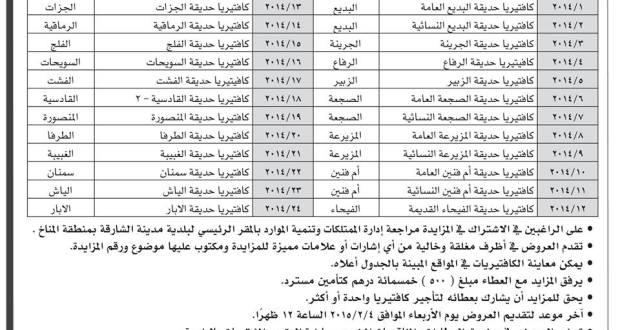 إعلان مزايدة لتأجير كافتيريات في عدد من حدائق مدينة الشارقة